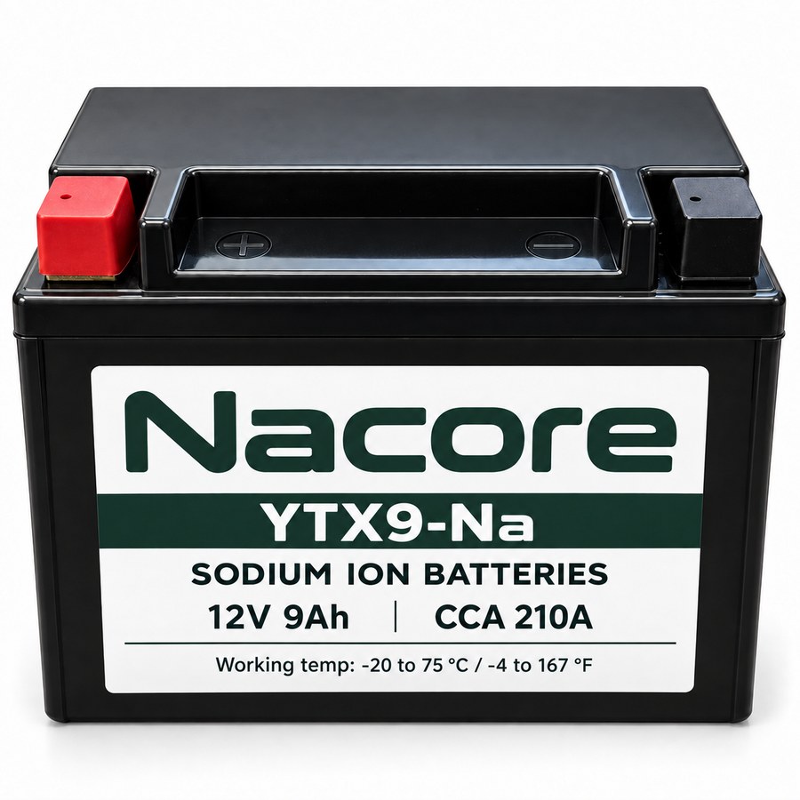 Nacore YTX9-Na sodium-ion motorcycle battery, showing the terminal layout and case label